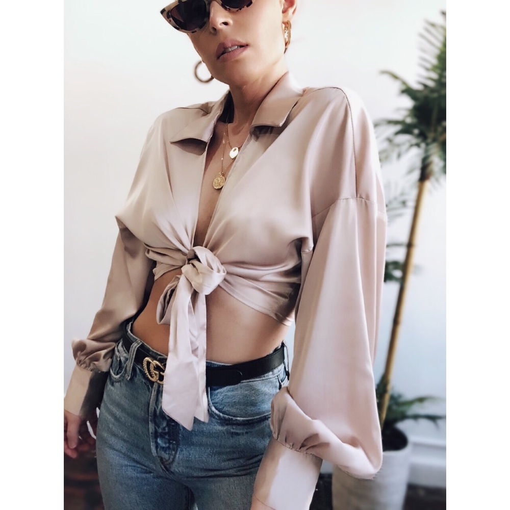 Last 1✨Zeal Nude Satin Puff Sleeve Crop Top - Picture 2 of 8